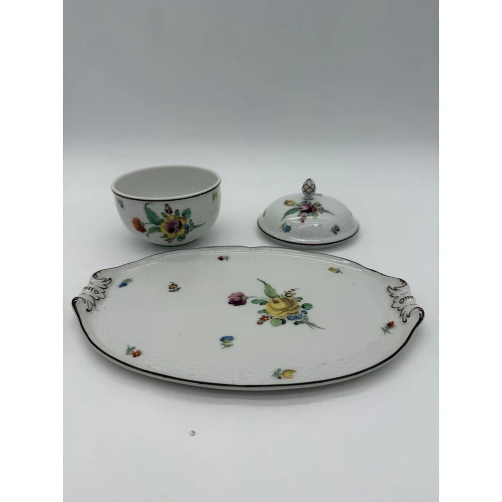 Antique Nymphenburg Porcelain Floral Sugar Bowl & Tray Basket Weave Set 2 PCs